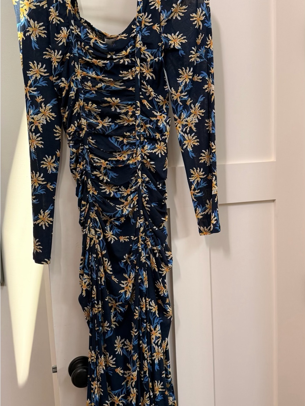 Diane Von Furstenberg Navy Floral Ruched Long Sleeve Dress